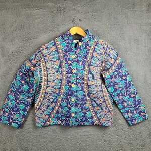 Earthbound Trading Co Womens Blue Quilted Paisley Mandala Boho Hooded Jacket S